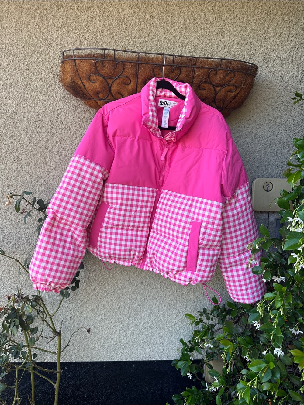 Beach Riot Hot Pink Gingham-Panel Puffer Jacket